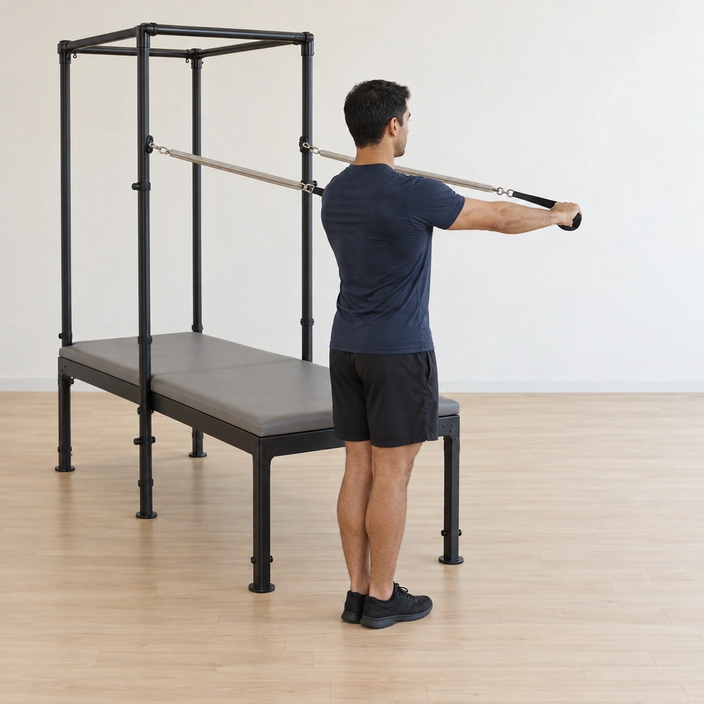 He stands tall with his back to the uprights, a spring handle in each hand, both arms straight forward at chest line, his heels together and toes apart.
