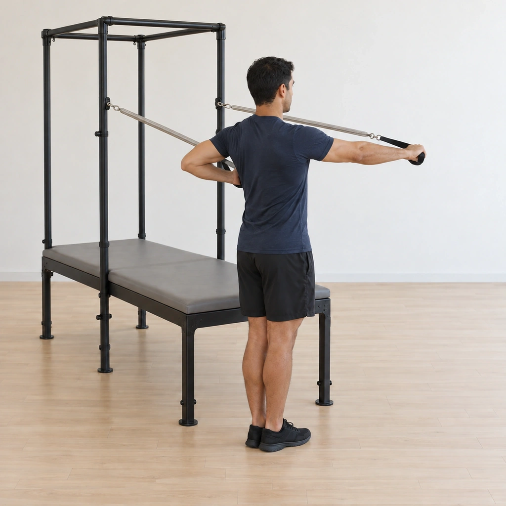 His right arm has punched long forward while his left elbow has drawn back beside his ribs, his trunk still tall and facing front, the springs pulling on both ends of the exchange.
