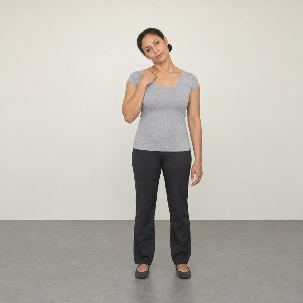 A standing woman with her right hand folded up at her right collarbone and her head bent toward her right shoulder.