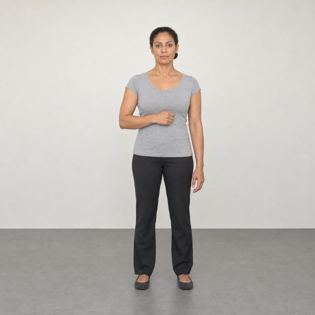 A standing woman with her head straight and her right forearm lying across the front of her lower chest with the hand curled.