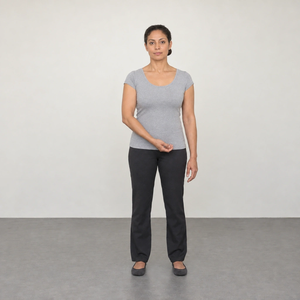 A standing woman with her head straight and her right forearm angled across the front of her lower abdomen, the right hand at hip level.