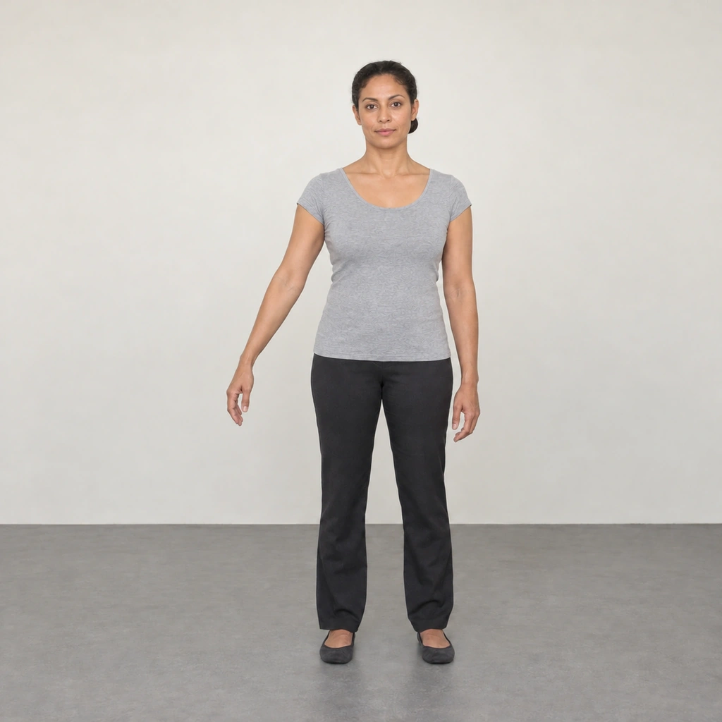 A standing woman with her head straight and her straight right arm a little away from her side, the hand hanging relaxed with the wrist bent.