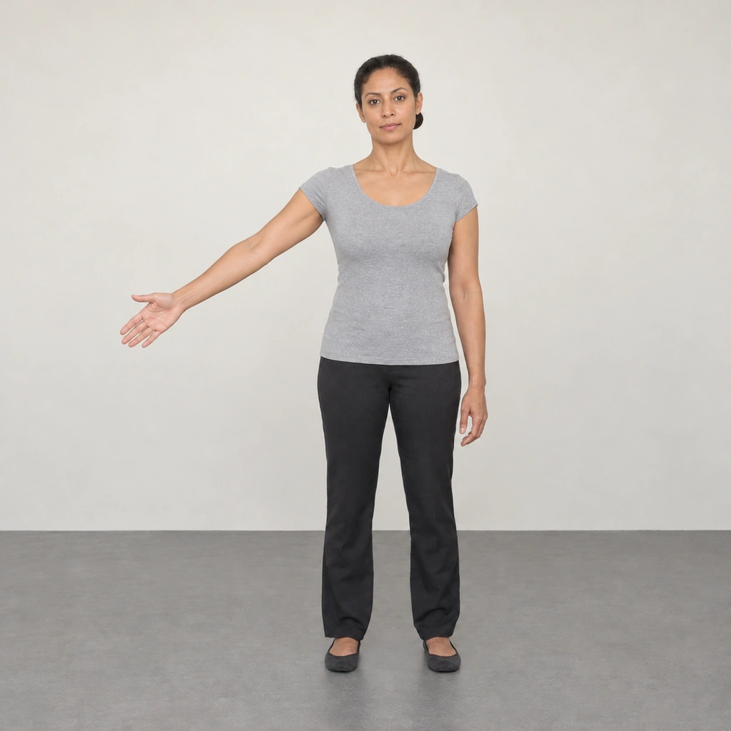 A standing woman with her head straight and her straight right arm about halfway out to the side with the hand open.