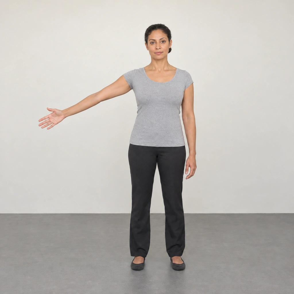 A standing woman with her head straight and her straight right arm out most of the way to the side with the hand open, palm forward.