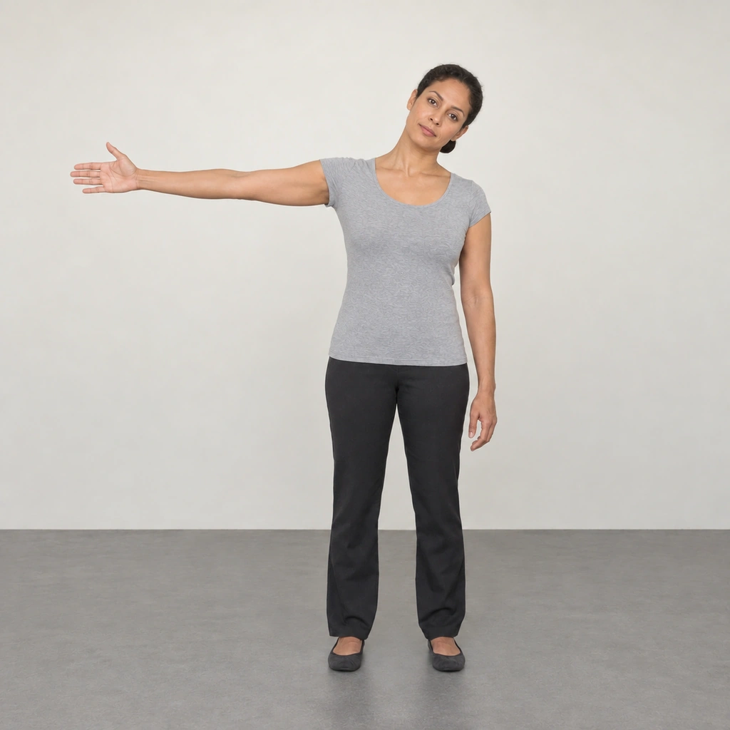 A standing woman with her straight right arm out close to shoulder height, the hand open, and her head bent toward her left shoulder.
