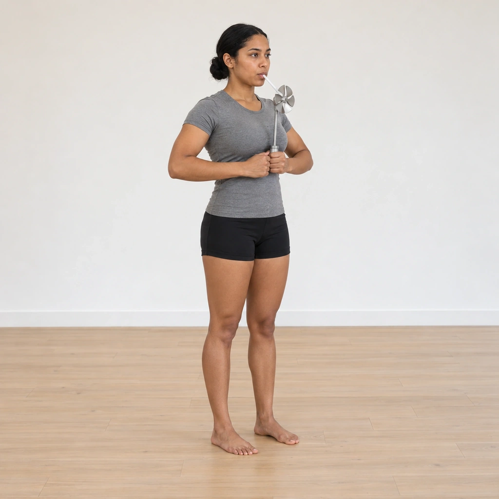 A woman stands tall facing slightly right, holding a small handheld pinwheel device in both hands at the base of her ribs, elbows bent out; her lips rest on the short straw.