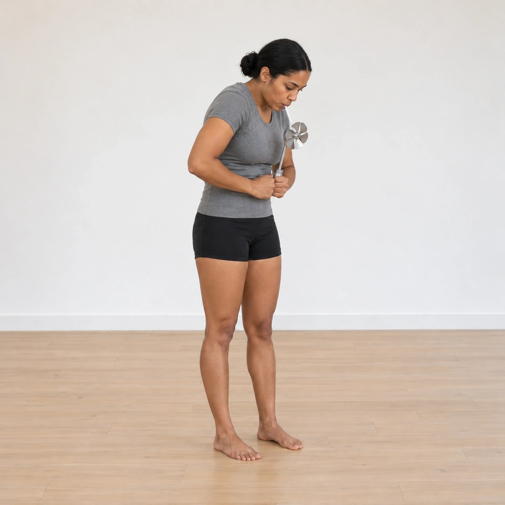 She curls forward segment by segment, head and arms lowering toward hip height while she breathes out through the straw, the device down with her hands.