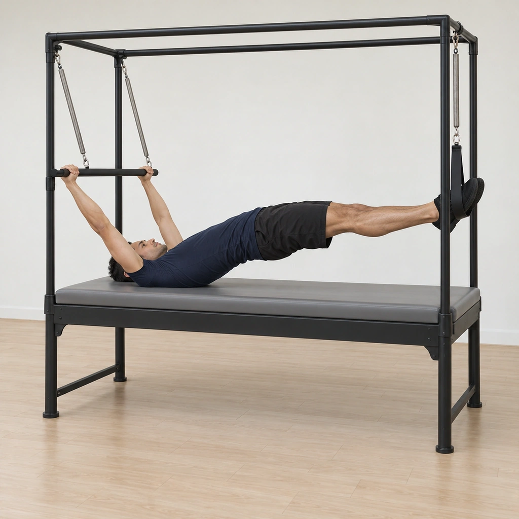 He lies supine on the cadillac table with his feet in the straight-hanging trapeze strap, his heels hugged together, his hands holding the roll-back bar as wide as possible and his head a hand's distance from the mat edge.