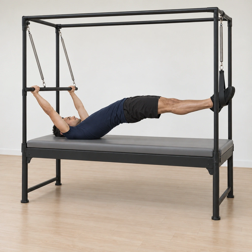 His hips stay held high in the bridge with the bar pressed down, the five-count hold at the top, his hamstrings and seat carrying the lift while his knees stay un-locked.