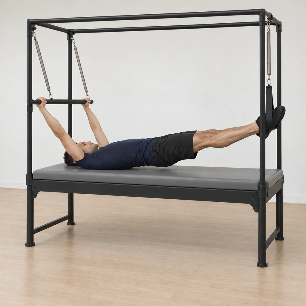 His hips have lowered back toward the table as the bar returns to its start, his feet still in the vertical strap and his heels still hugged.