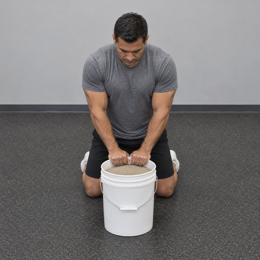A man kneeling behind a bucket, both hands gripping its rim together, thumbs facing his own body.