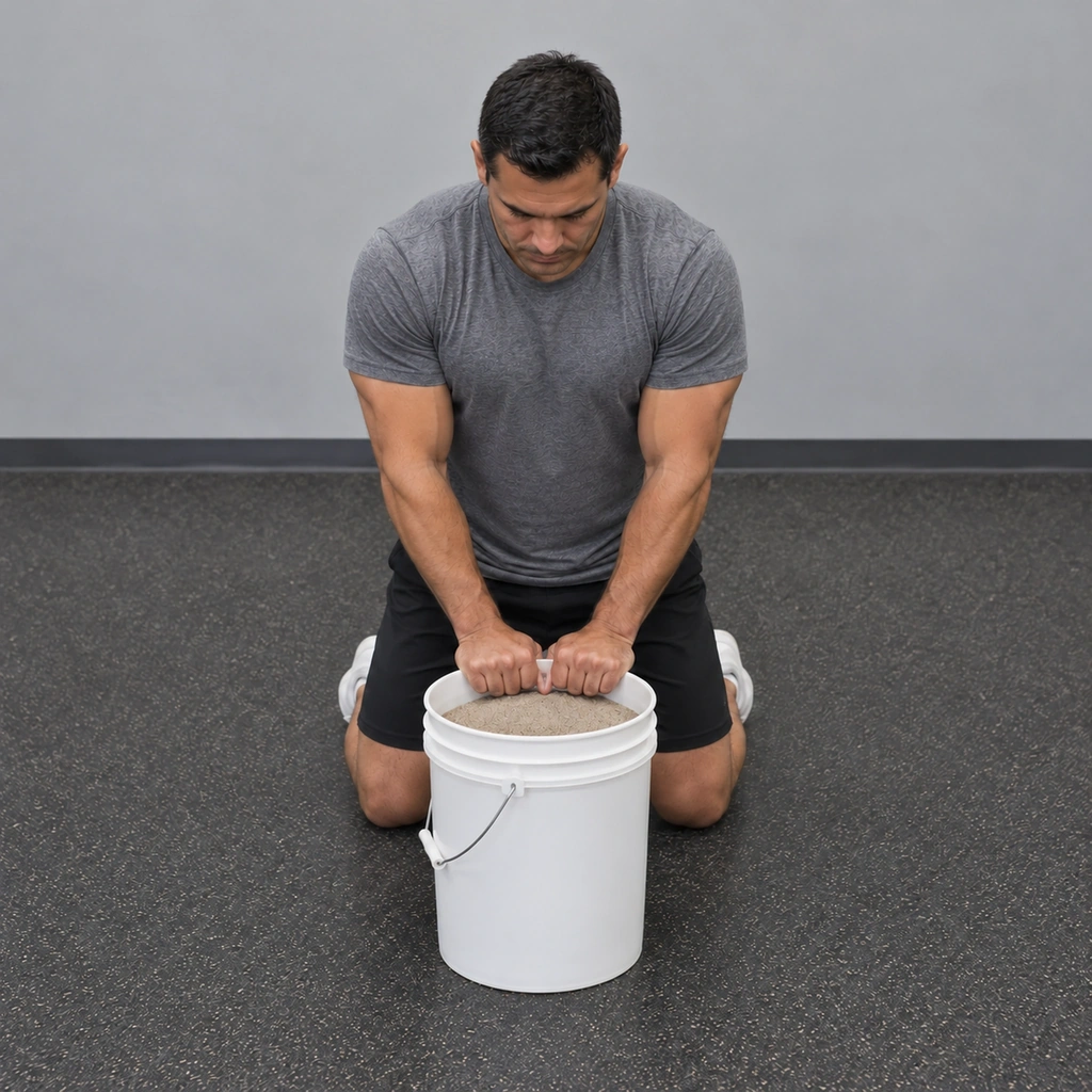 The same man, the bucket now turned clockwise so the handle has swung to his right of its starting position.