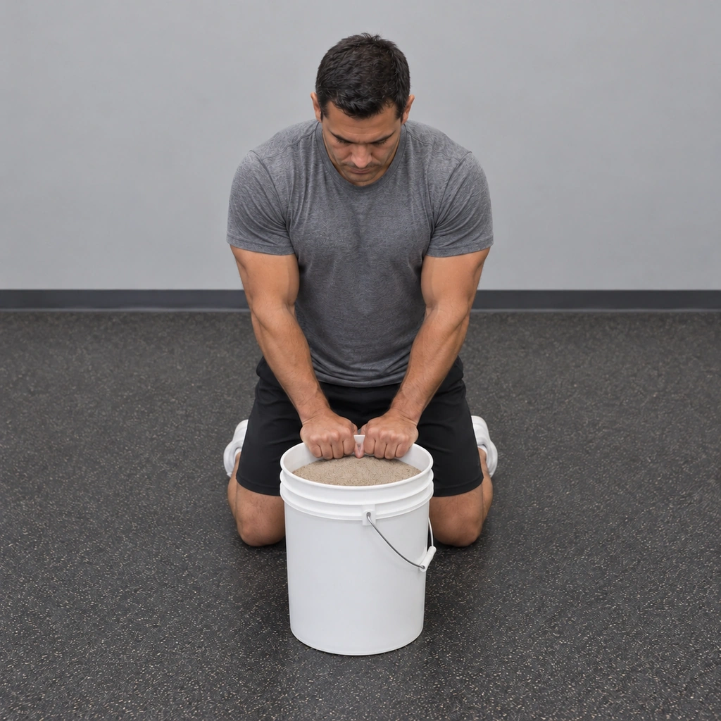 The same man, the bucket now turned counterclockwise so the handle has swung to his left of its starting position.