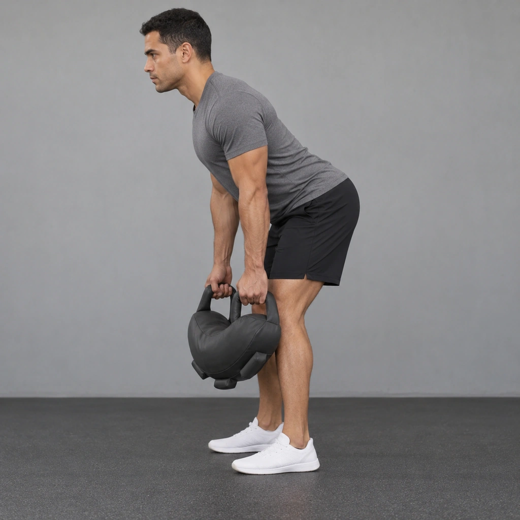 A man hinged forward at the hips, both hands gripping a crescent-shaped bag's main handles, the bag hanging against his thighs with his arms extended.