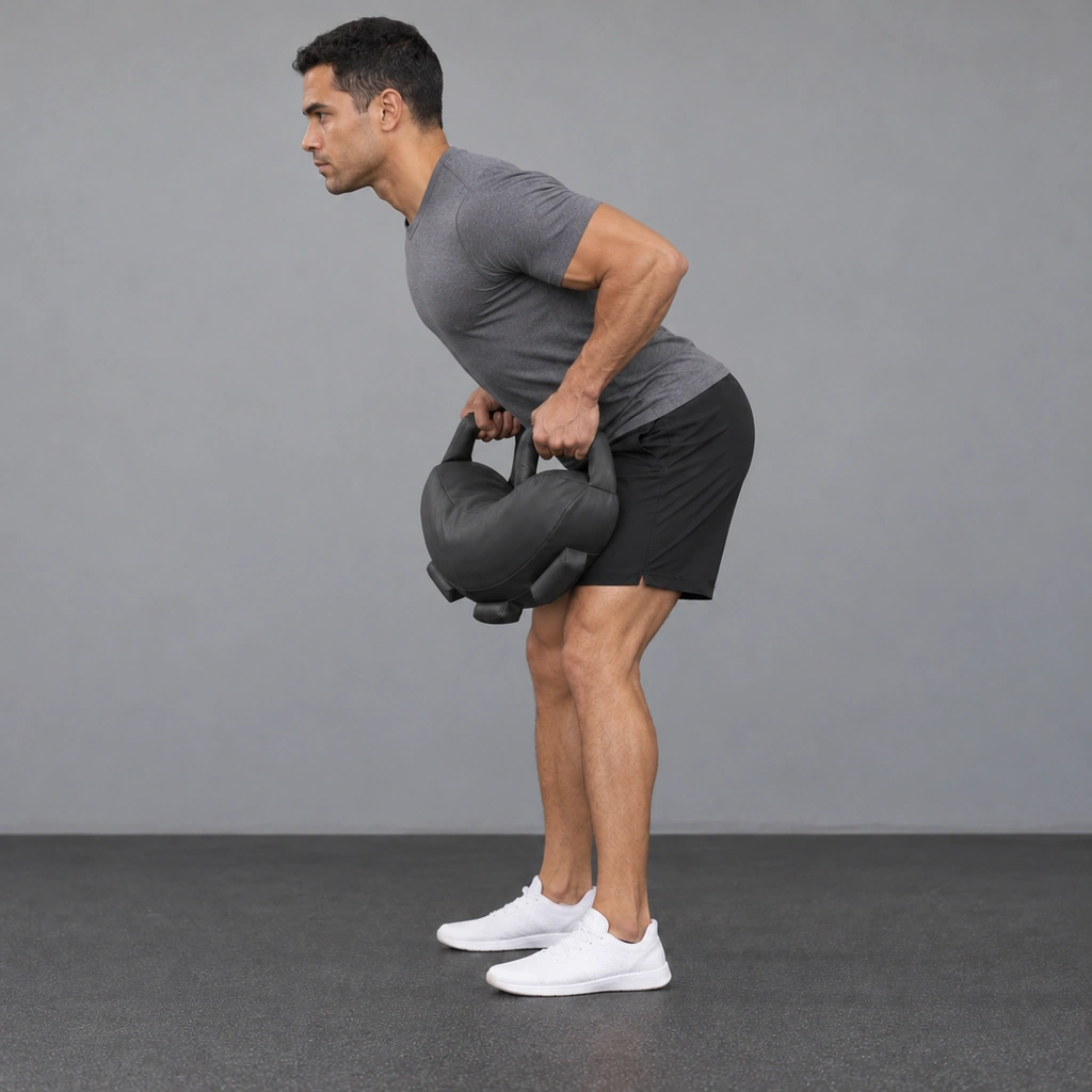The same man still hinged forward, both elbows drawn back past his ribs, the bag pulled up close against his thighs at about lower-rib height.