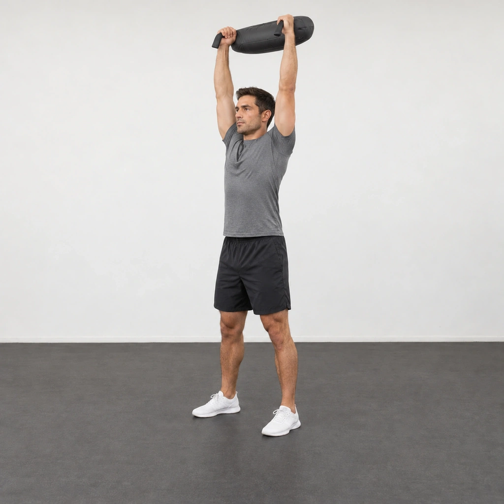 The same man with both arms straight overhead holding the crescent-shaped bag above his head, his torso upright and his feet shoulder-width apart.