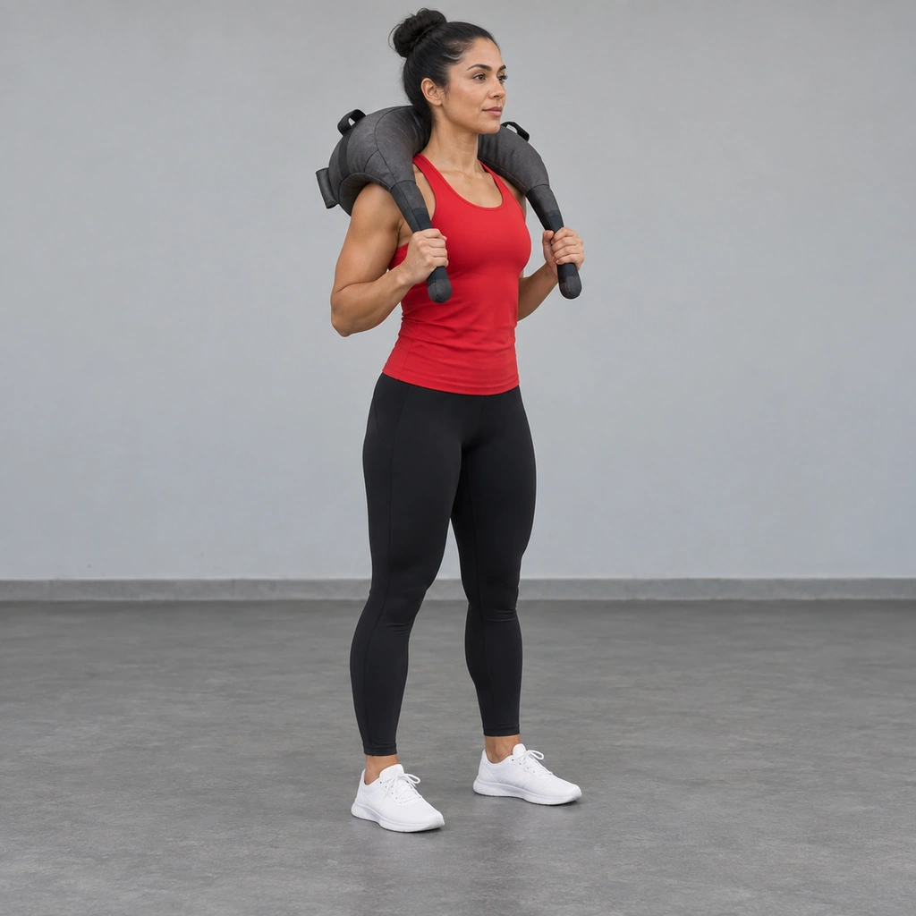 A woman standing upright, a crescent-shaped bag draped across both of her shoulders, both hands gripping its handles.