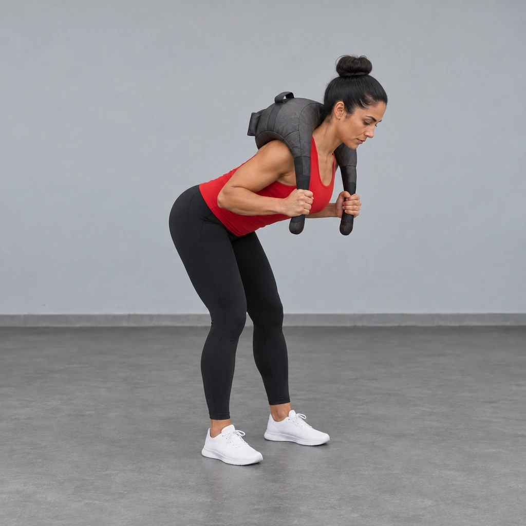The same woman, now hinged forward at the hips with her chest lowered toward the floor, the bag still resting across her shoulders.