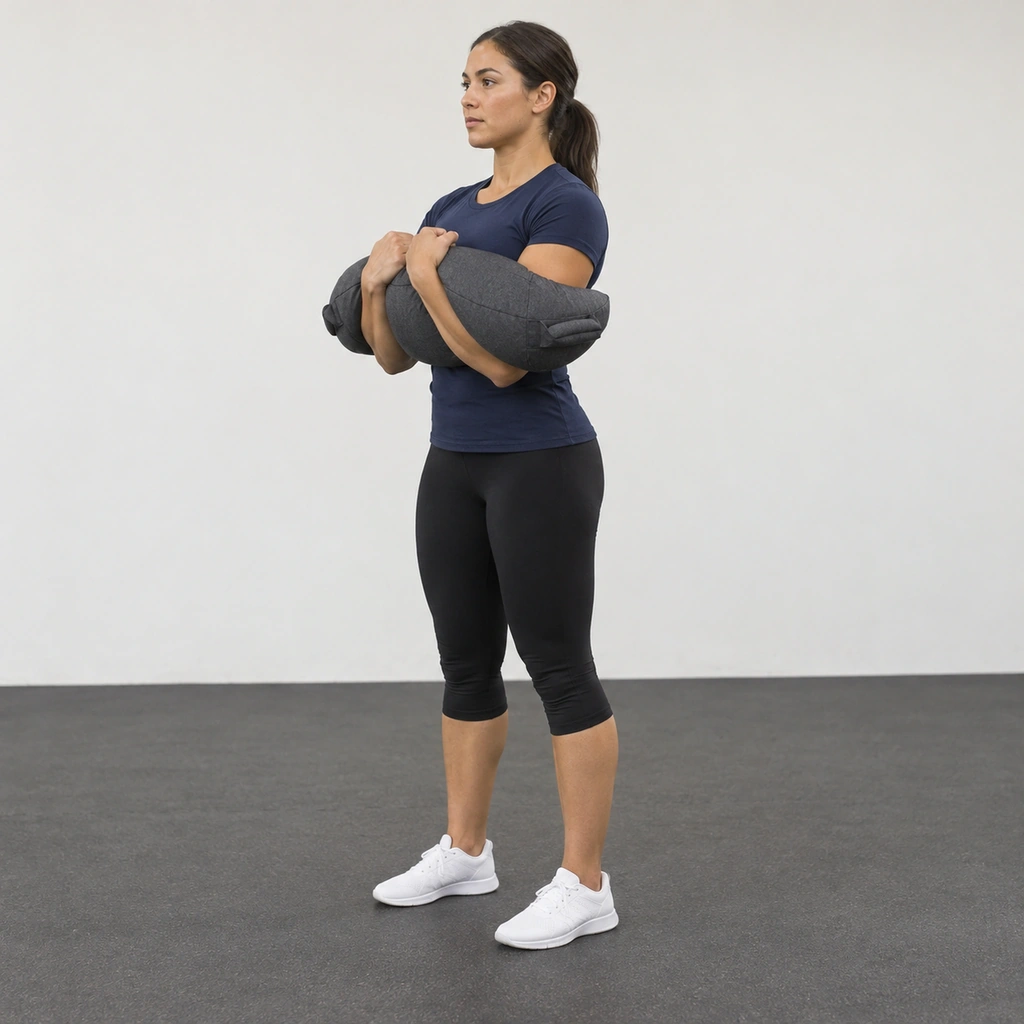 A woman standing tall with a crescent-shaped bag cradled in the crooks of both elbows against the front of her torso.