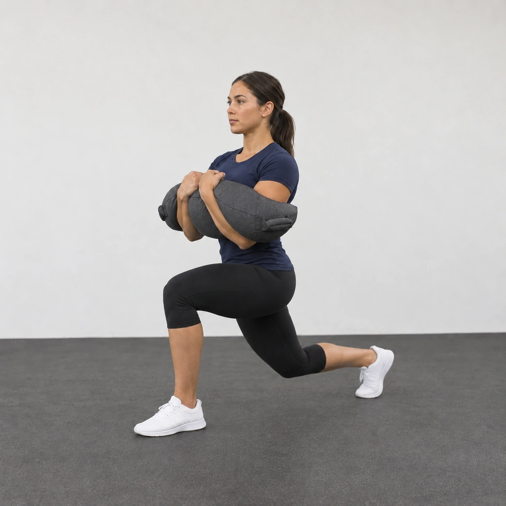 The same woman in a reverse lunge, right foot forward with the right shin vertical, left foot stepped back on the ball of the foot with the left knee bent, bag still in her elbow crooks.