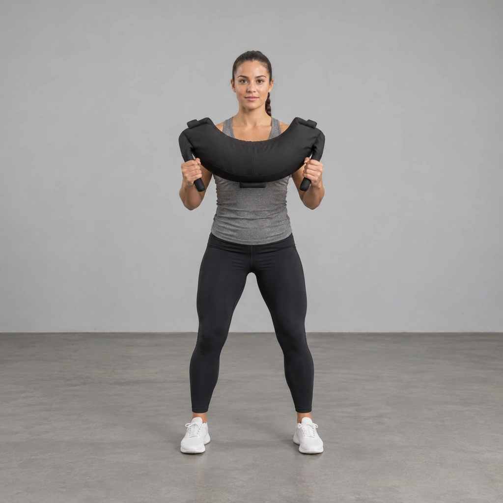 A woman standing with knees bent, holding a crescent-shaped weighted bag by its two handles in front of her body.