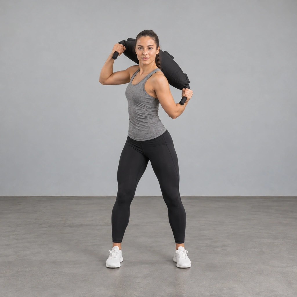 The same woman, hips rotated to the right, the bag now passing over her right shoulder and behind her neck.