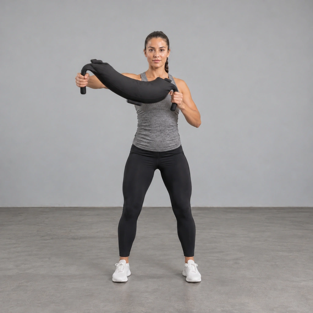 The same woman, right arm extended, the bag now whipped back around to the front of her body, continuing its momentum.