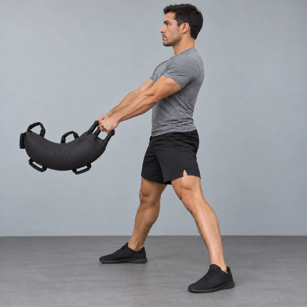 The same man, hips now thrust forward to a tall standing position, the bag swinging up in front of him.