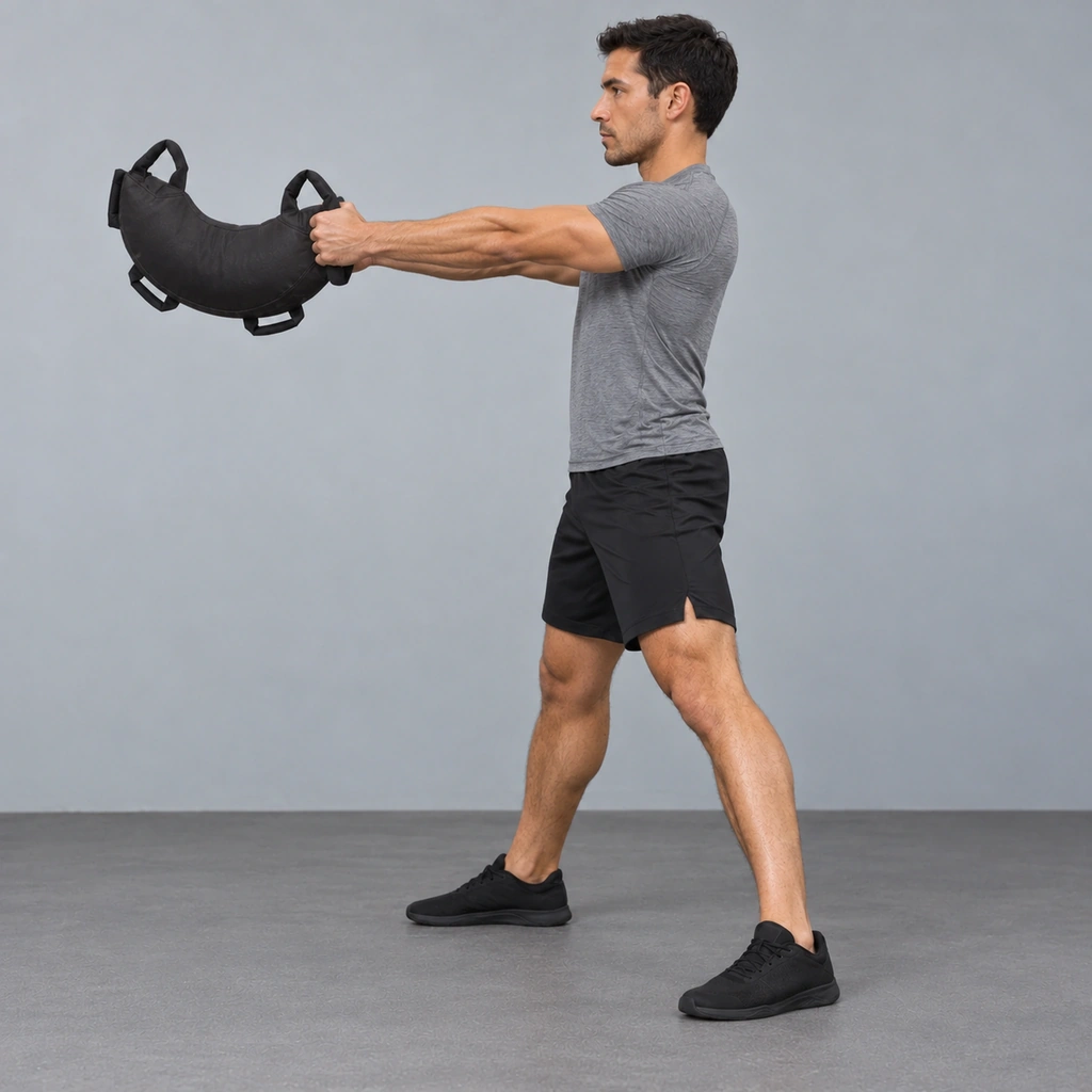 The same man standing tall, arms fully extended, holding the bag still out in front of his chest.
