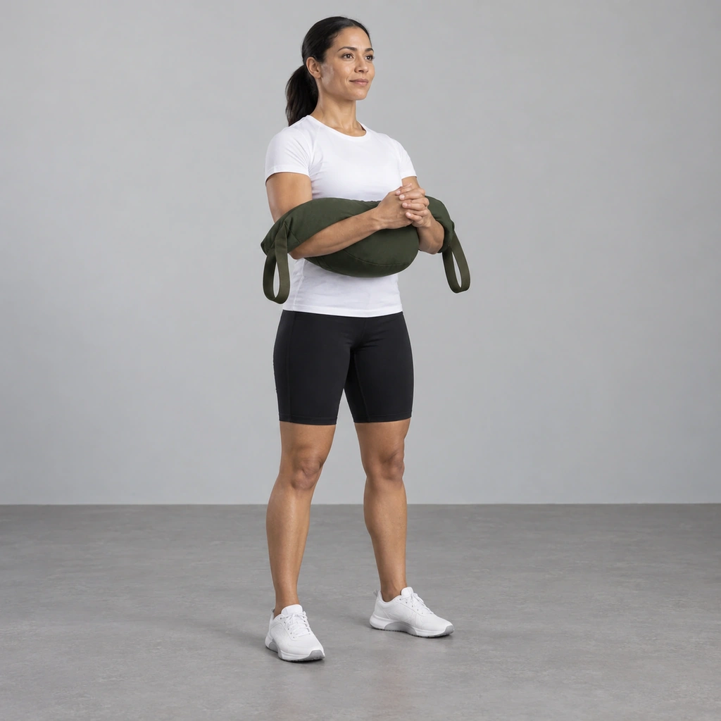 A woman standing tall with a crescent-shaped bag resting across the front of her body in the crooks of both bent elbows and her feet about shoulder-width apart.