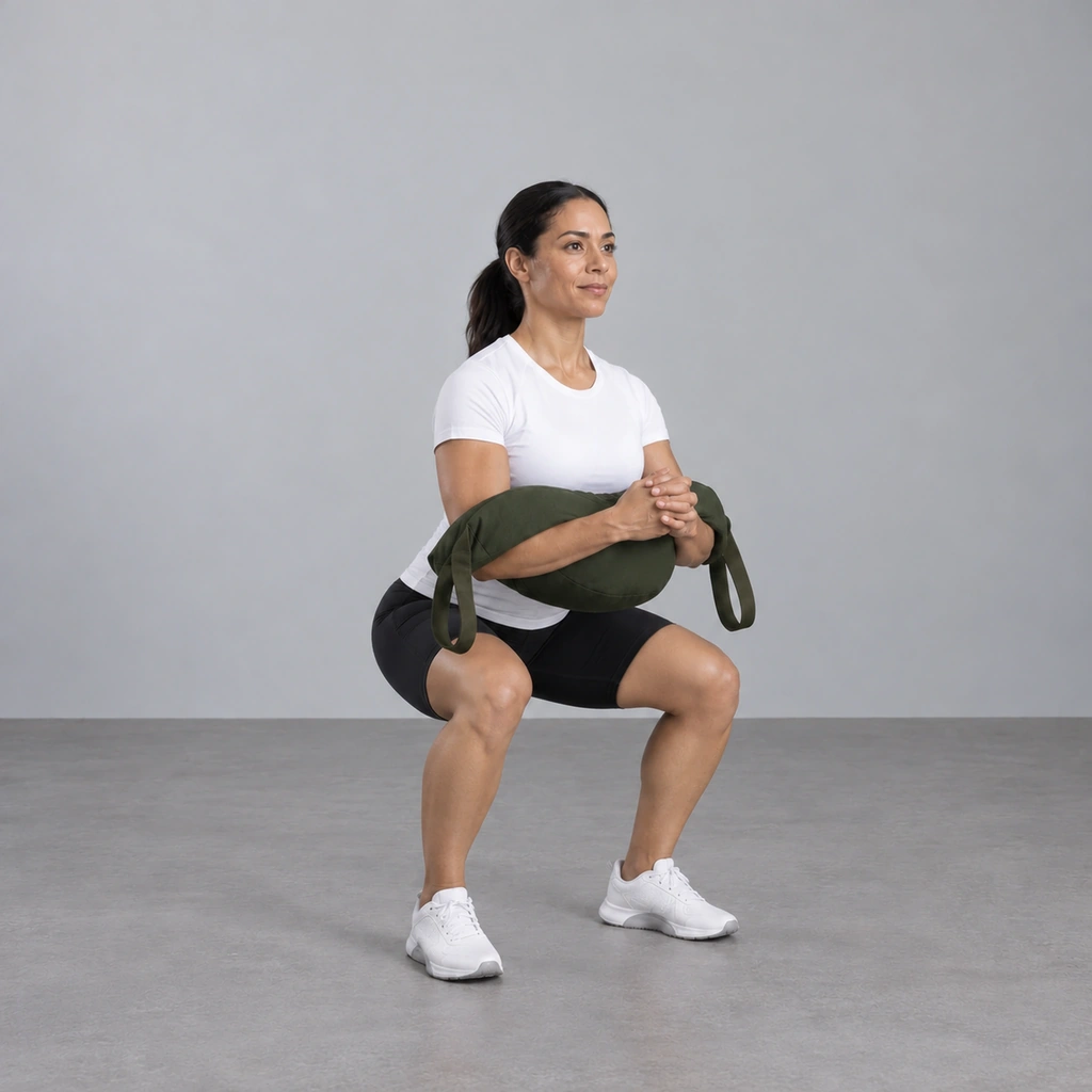 The same woman squatting with her thighs about parallel to the floor, her chest lifted and the bag still cradled in the crooks of both elbows.
