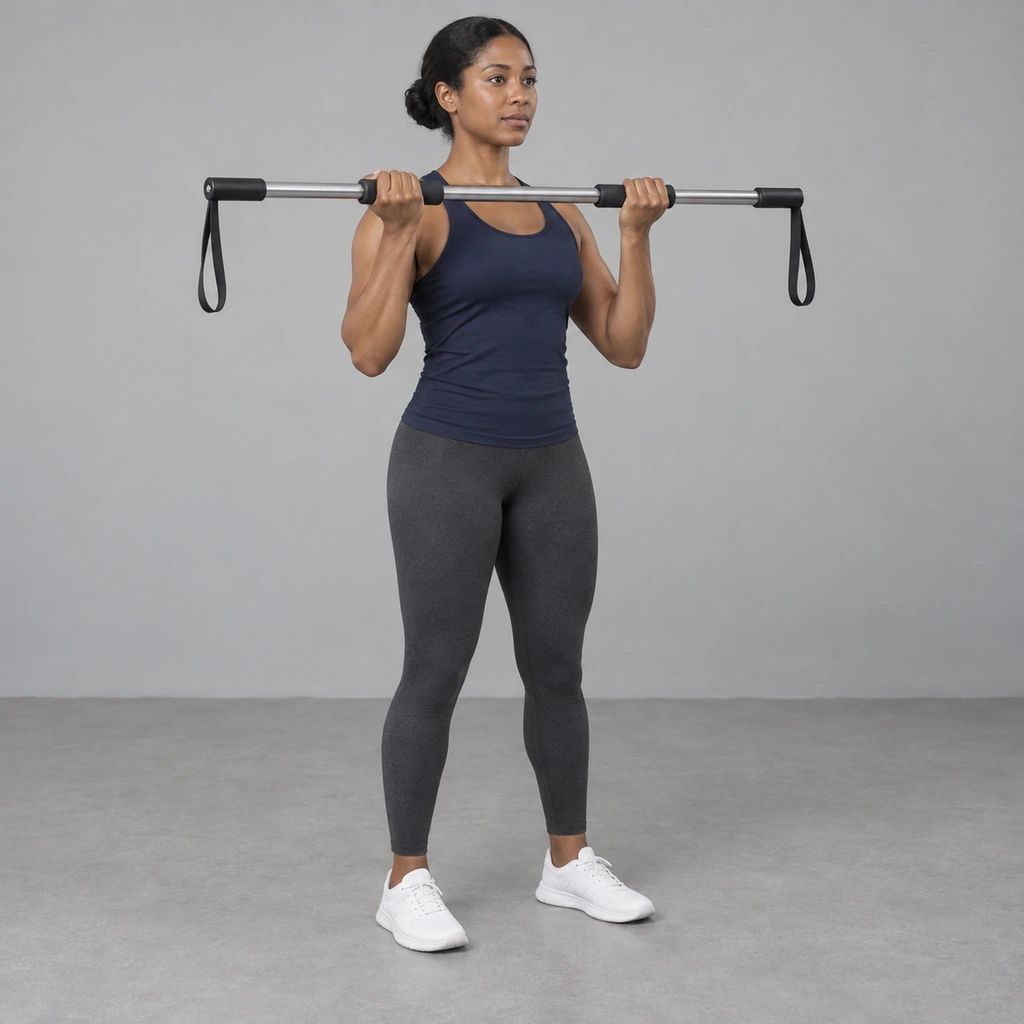 A woman standing and holding a level bar at shoulder height with both hands wide apart on its grips.