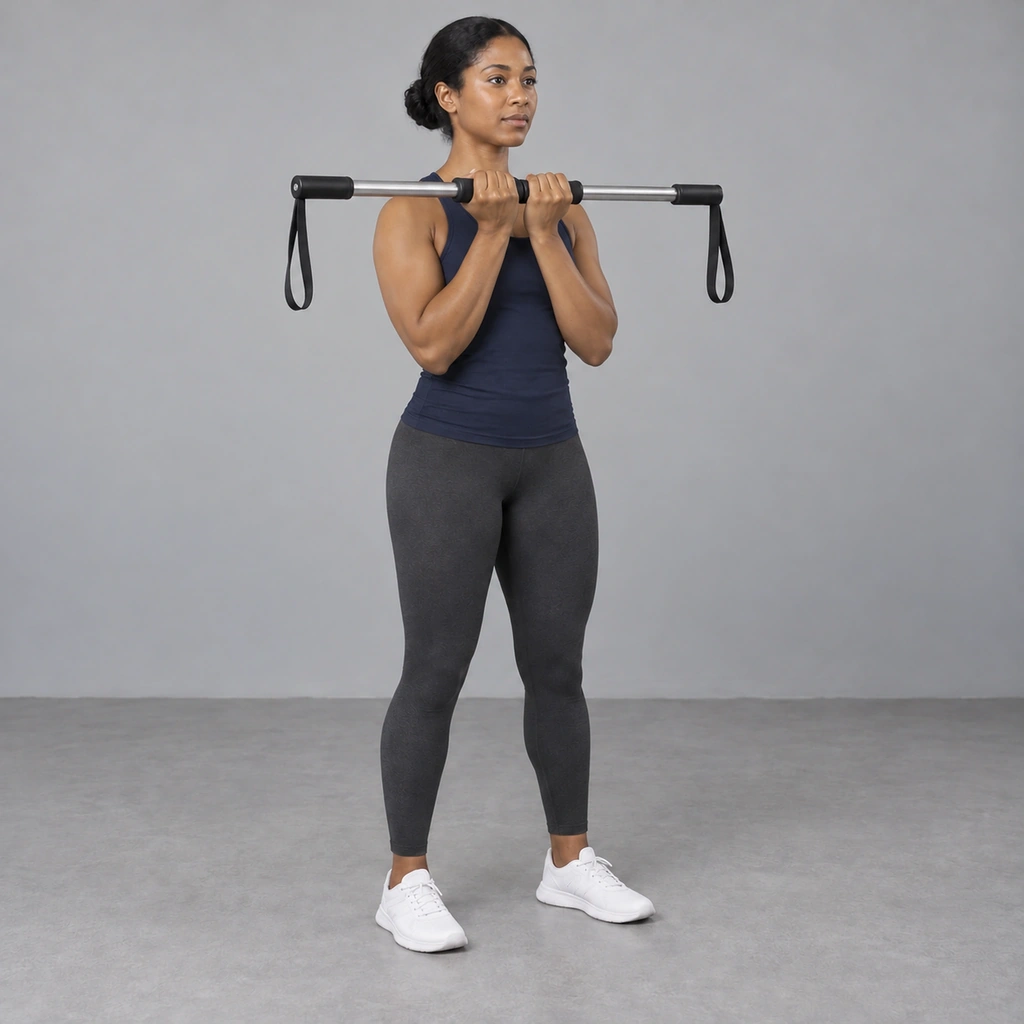 The same woman, now with both hands close together in front of her chest on the bar's two grips, which have slid together.