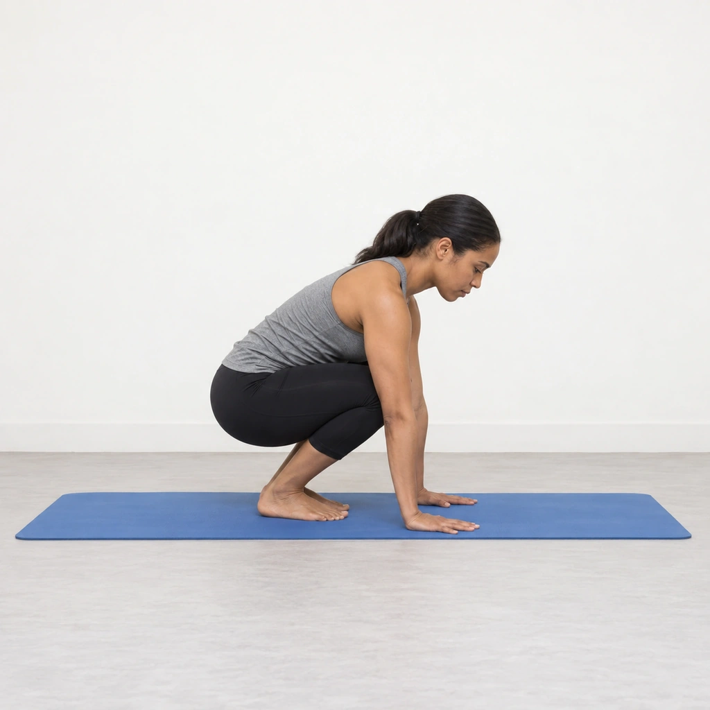 A woman crouched low with both hands flat on the floor shoulder-width apart and both bare feet close to her hands.