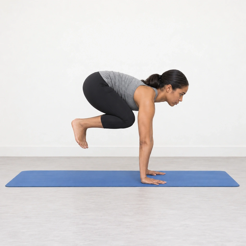 The same woman with both hands flat on the floor taking her full weight while both feet are kicked up off the floor together behind her.