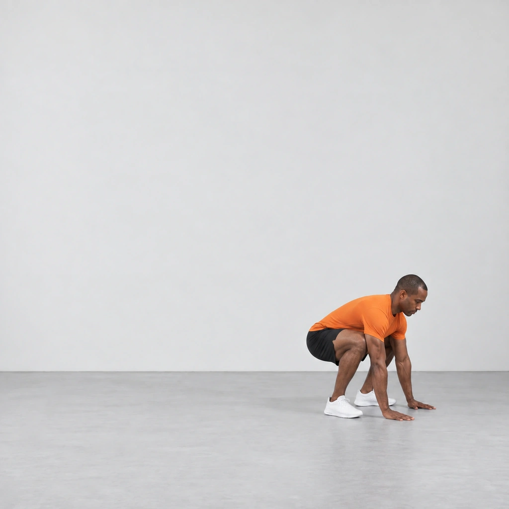 Deep squat with palms on the floor just in front of the feet.