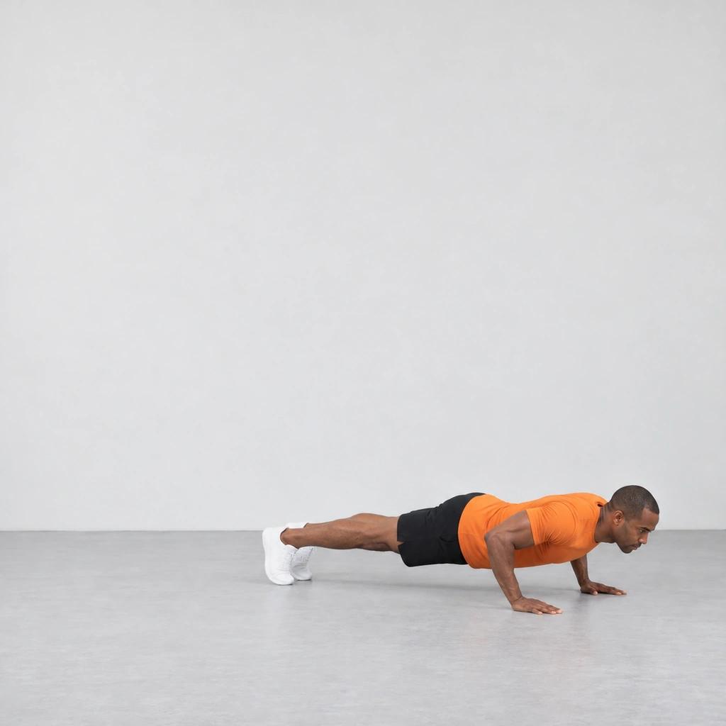 Bottom of a push-up with chest just above the floor.