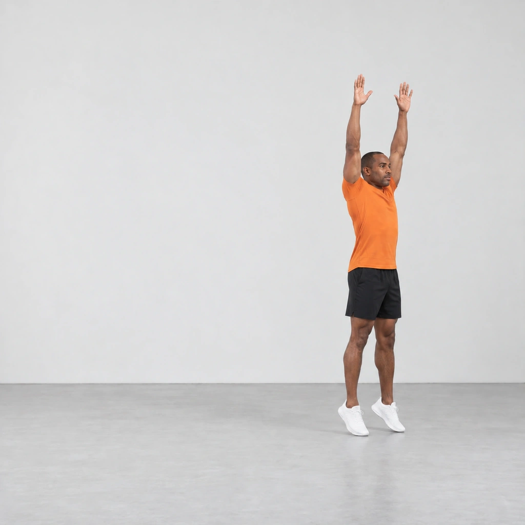Pushing off the toes with body straight and arms reaching overhead.