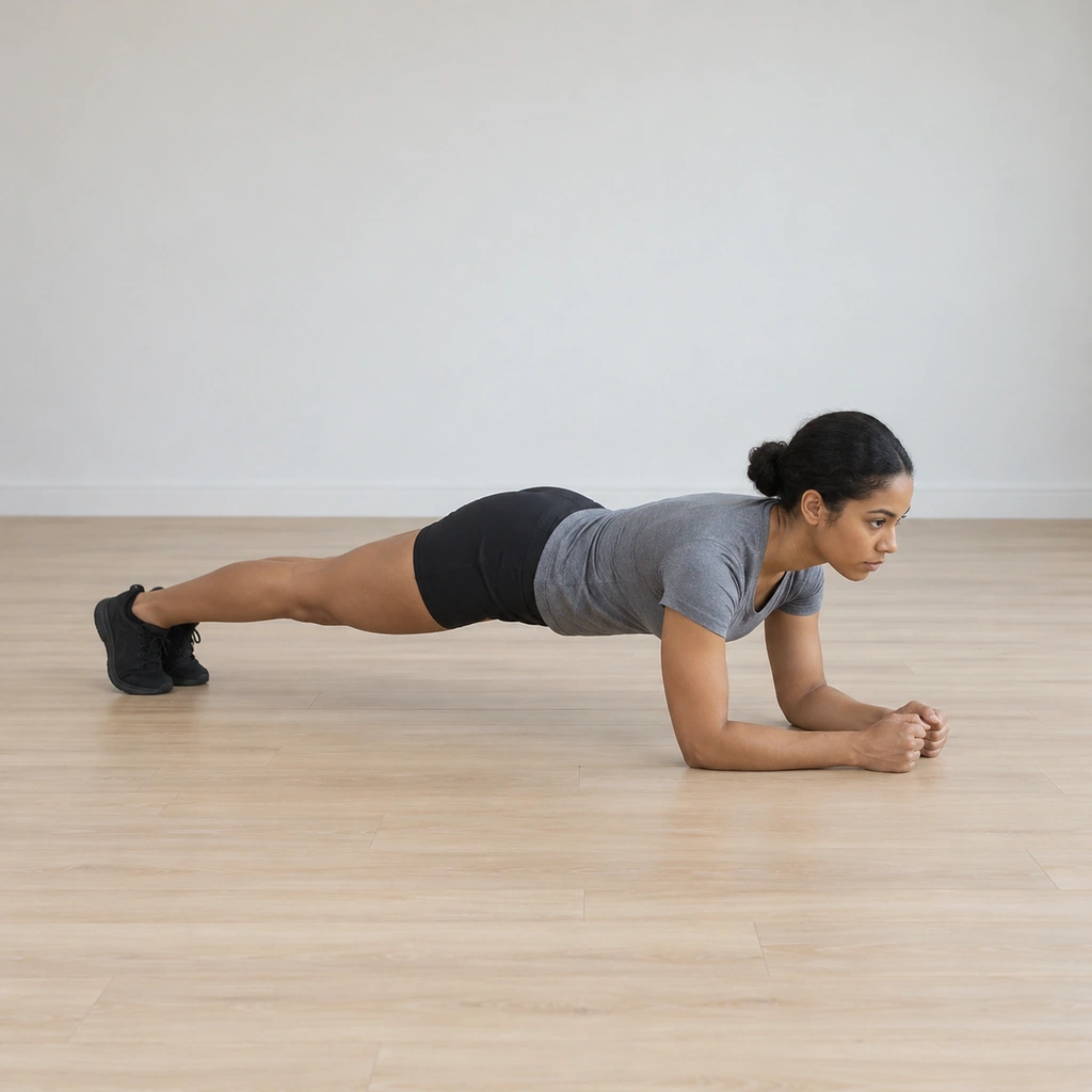 She holds a forearm plank, elbows planted under her shoulders bent at ninety degrees, body in a low line with a slight arch, toes on the floor.