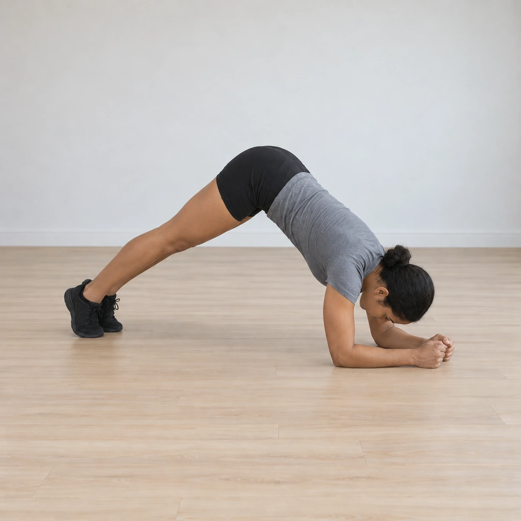 She holds the pike peak, hips at their highest in an inverted-V, head tucked between the planted forearms, legs long behind on the toes.