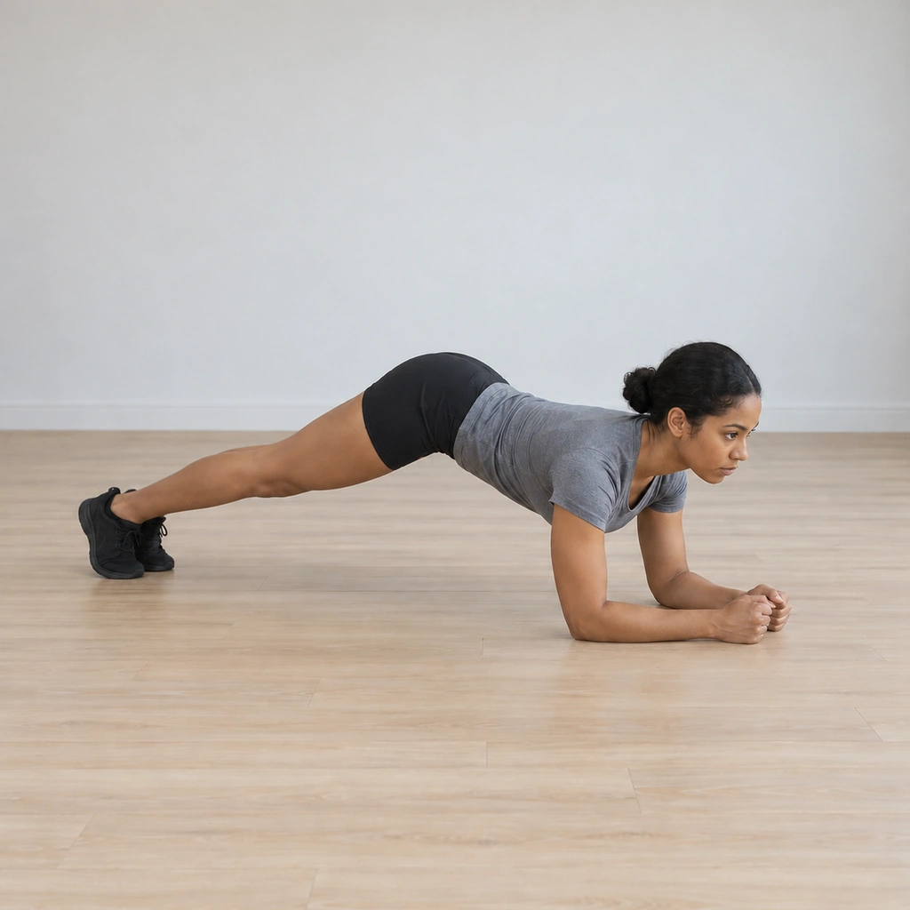She is lowering her hips back toward the low forearm line, the descent controlled, the back firm and free of any sag.