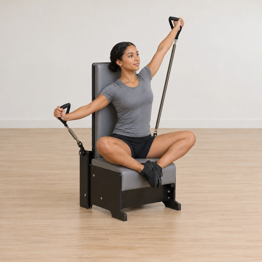 She pulses the lower left arm three times in its small range while the right arm holds its overhead reach, the side bend held.