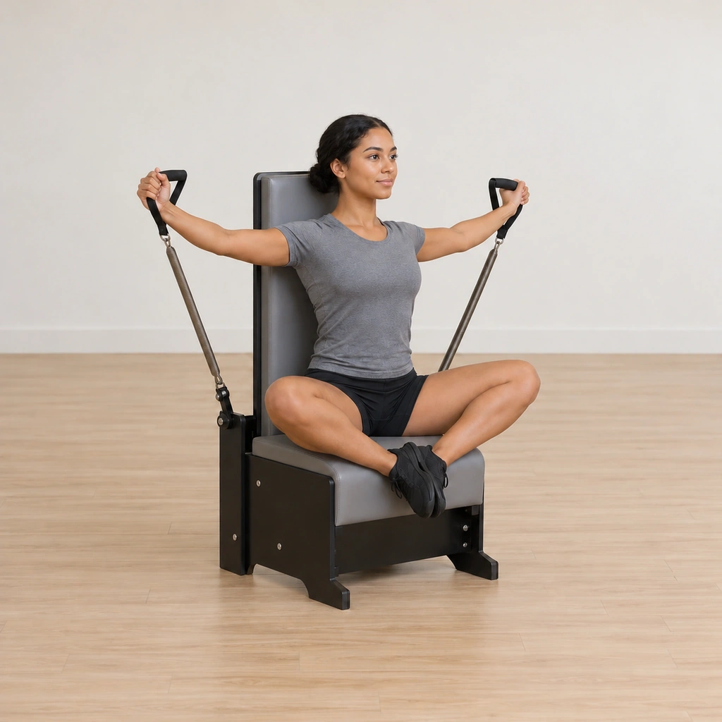 She lifts her lower left arm back to the wide line as her right arm sweeps down and back, arriving tall at the wide-arms start.