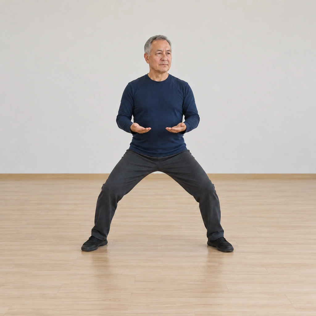 He holds the horse stance, his hands dropped to navel height in front of him with the palms turned upward.