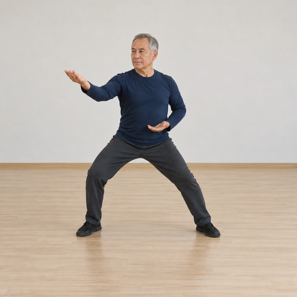 He is threading to the right, his right hand wound inward anticlockwise as his arm, shoulder and waist rotate the corkscrew expression outward through his hands, his weight lunging slightly right.