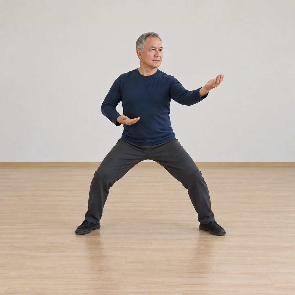 He is threading to the left, his left hand wound inward clockwise, his arm, shoulder and waist rotating the expression outward, his weight lunging slightly left.
