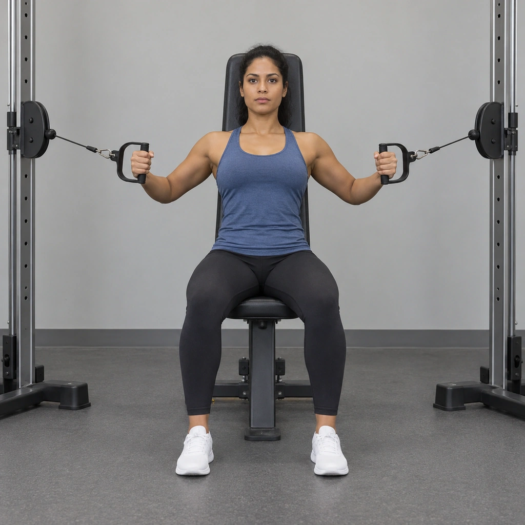 A woman seated on a cable machine, back against the pad, holding one handle in each hand at chest height, elbows bent.