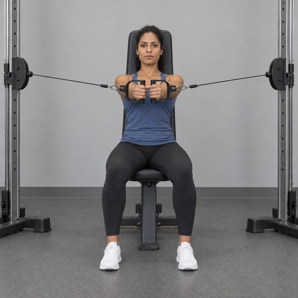 The same woman, now with both arms extended forward, the two handles brought together in front of her chest.