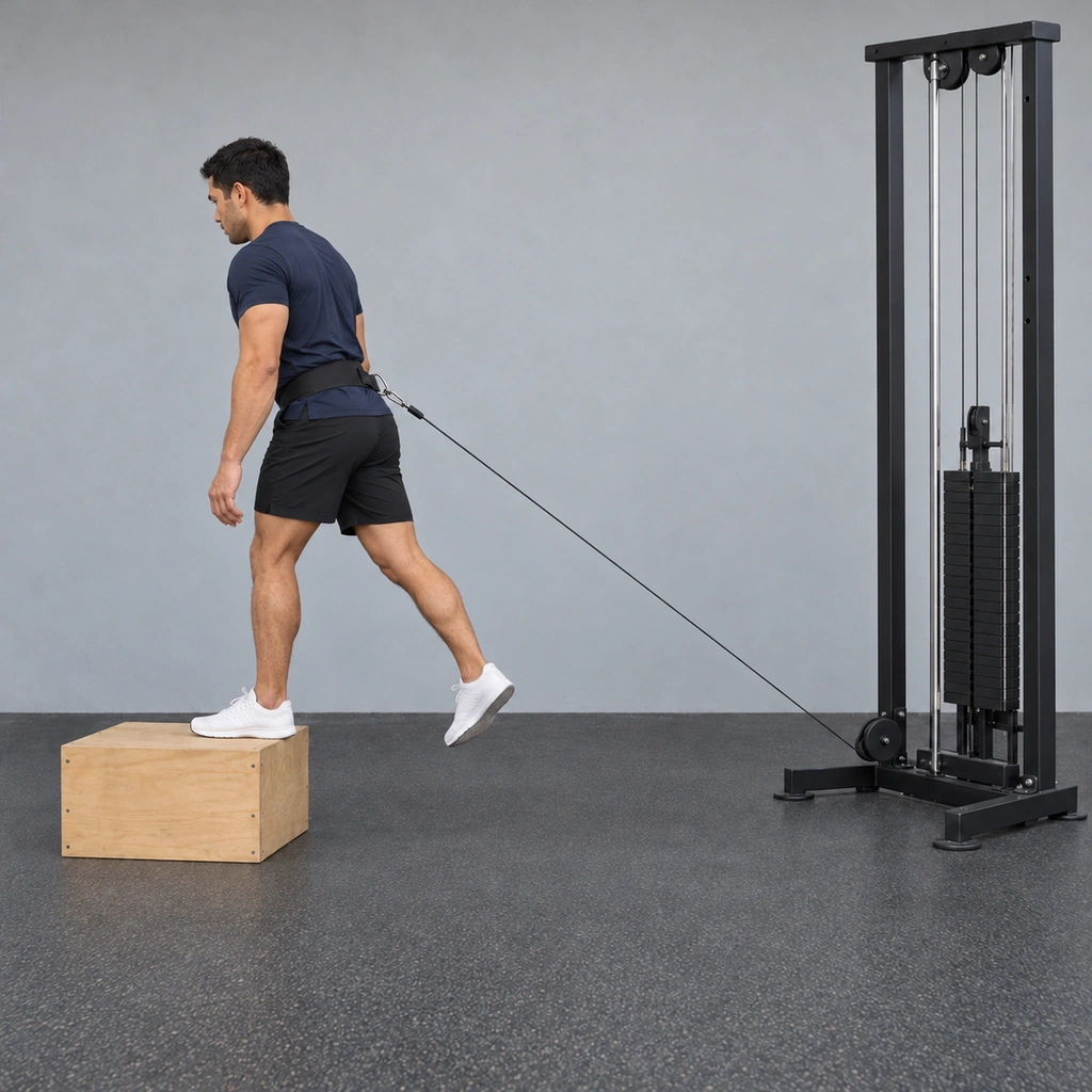 The same man stands on the right foot atop the box with the hip and knee naturally extended, torso gently inclined forward, and left foot hanging free behind the box.