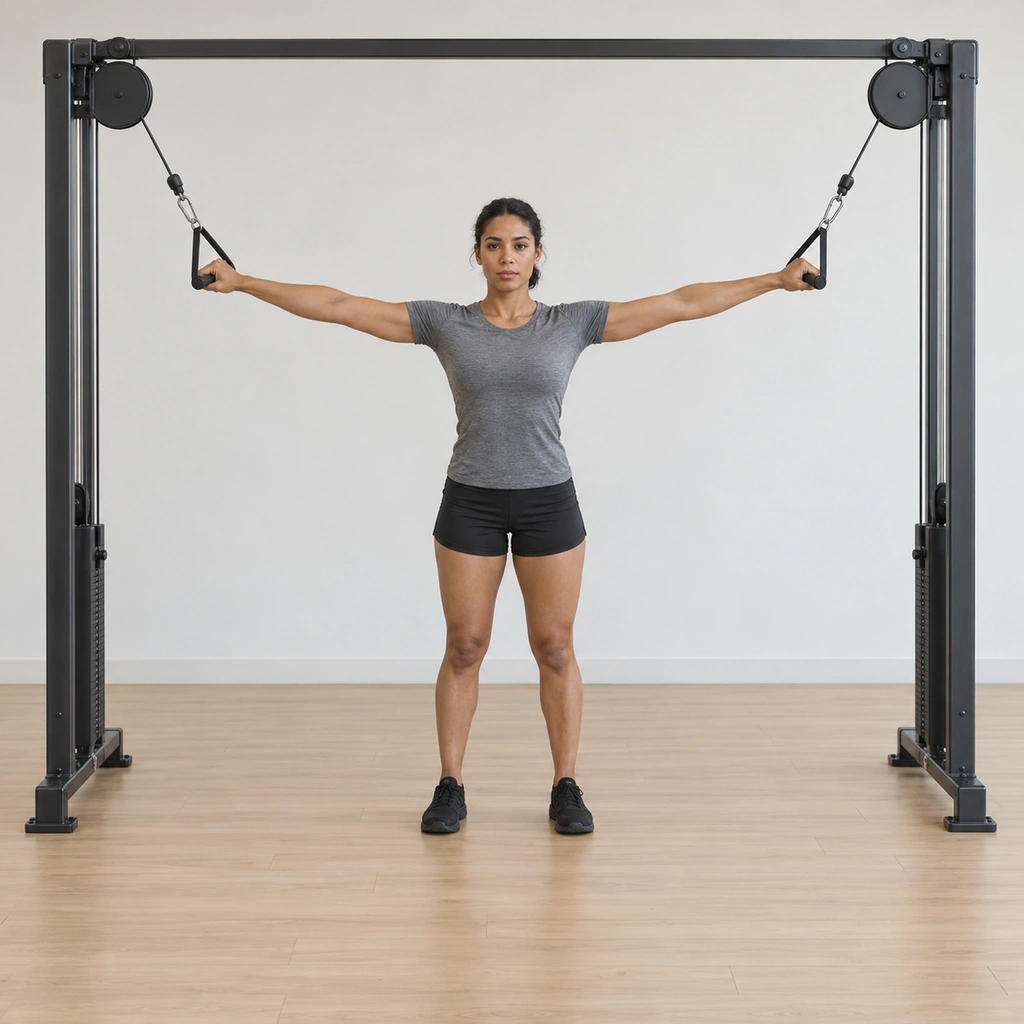 She stands centred between the two high pulleys, gripping a handle in each hand with both arms extended straight out laterally at shoulder height in a T, elbows softly bent.
